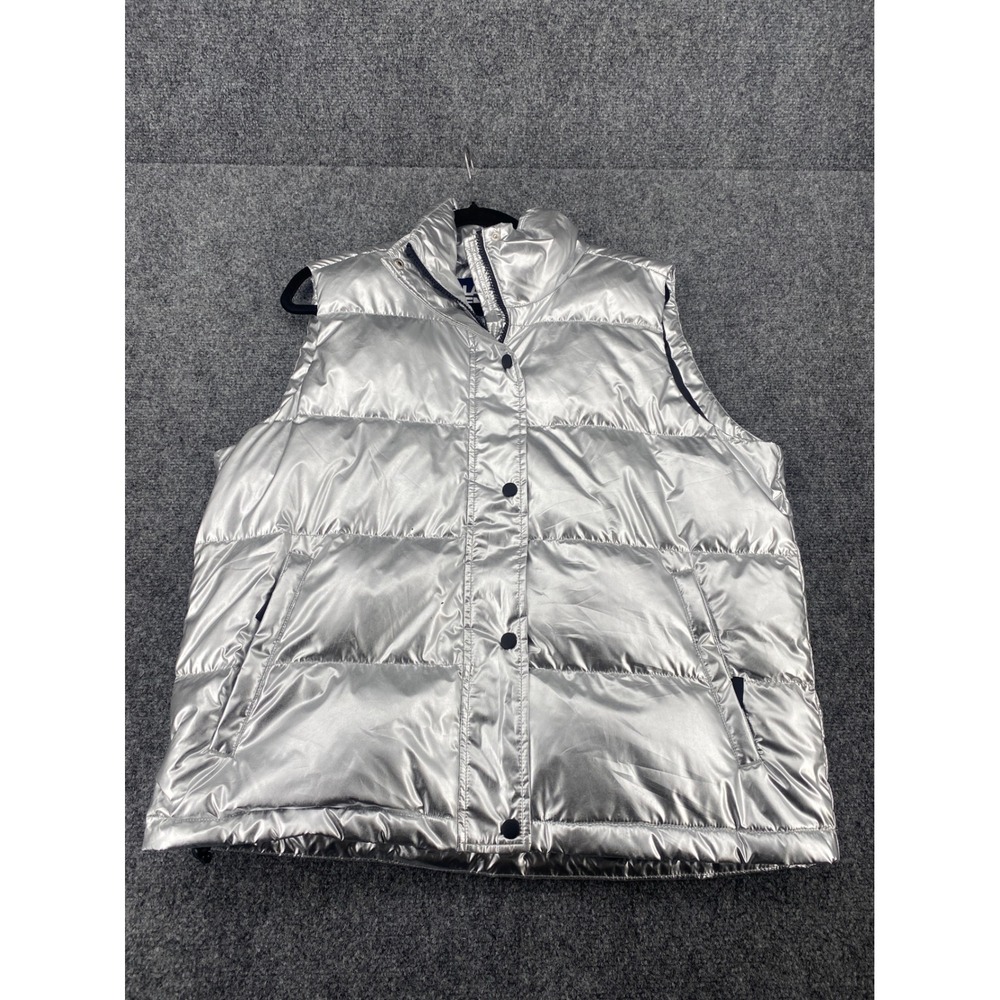 Lands End Metallic Silver Puffer Vest Size M Shiny Quilted Winter